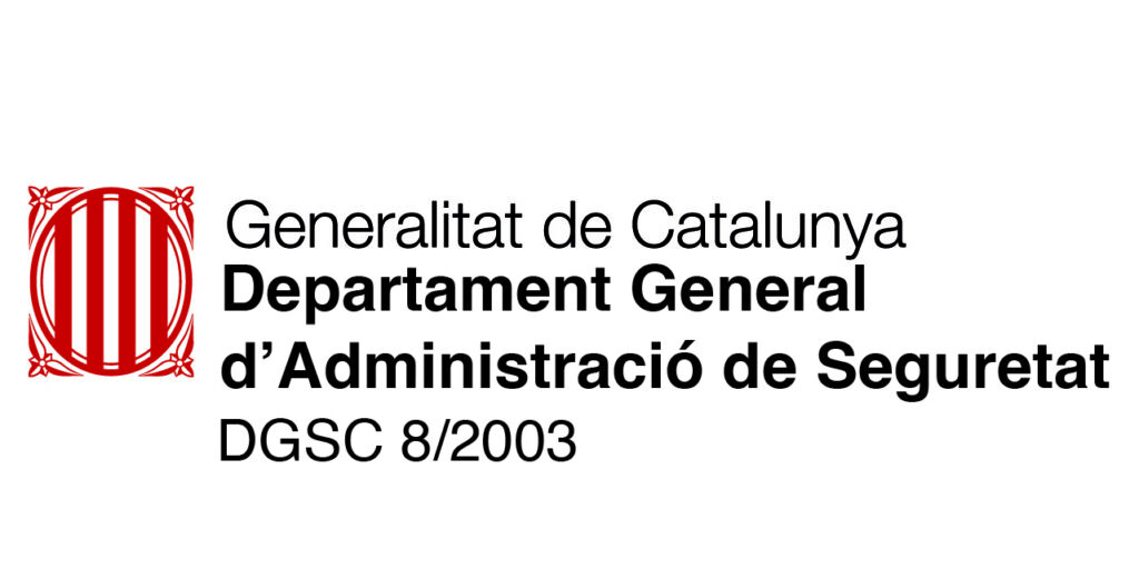Logotipo de la Generalitat de Cataluña, del departamento de administración de seguridad. Con el número de certificado DGSC 8/2003
